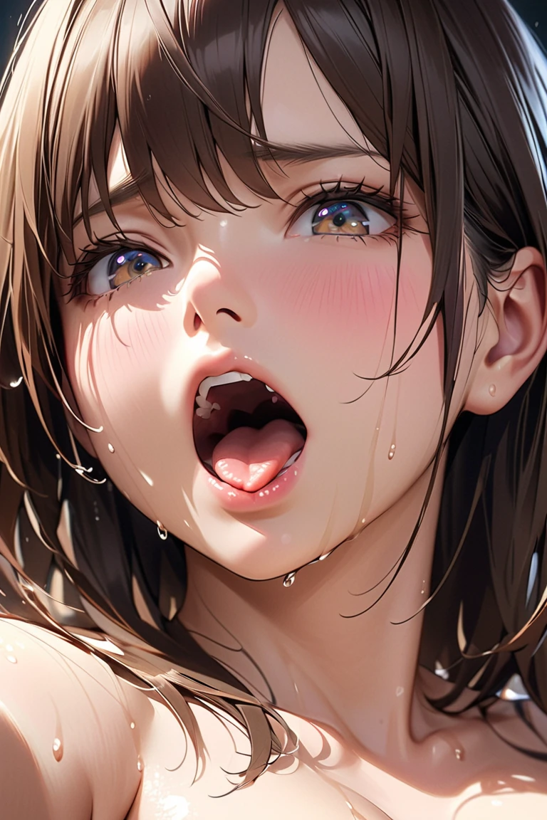 (((HHH))), a precious special eroticism porn scene, Express all her emphasized feelings through her facial expressions and posing,
ultra masterpiece, ultra high quality, spectacle scale, photorealistic:1.3, ultra high resolution, described in ultra fine detail down to the minutiae, sharp, clearly, textured, depth of field, professional composition and lighting, (close-up shot), from below,
sexy, sensuous, erotic, eros, horny, sexually aroused, craving:1.1, (panting), messy, loose, sticky slimy, (raw), shiny, glaring, rich in color,
high grade flashy courtesan, (looking up and (enraptured:1.1 rapt:1.1 (half-open)) bedroom eyes to downward camera view)),
wearing wrinkled (((bright colors (shiny satin) sexy pajamas dress))), skindentation, Wedgie, erect nipples, itching pussy,
beautiful sexy face, detailed mouth:1.1, detailed too shiny lips:1.1, large firm breasts, Delicious body, oily wet translucent skin, messy loose (updo) with side-swept bangs hair, gold simple necklace earrings,
((blush)), (((sweat))), a little particle sweat drops, (((steam))), ((sigh)), ((((drooling)))), (((((ecstasy))))), ((((orgasm)))), (((ahegao))), ((((cum on body)))),
((blissful:1.5 ecstatic expression:1.1)), oral vagina, Drooling slimy tongue, Give me her special H service that captivates boys, ecstatic attentive escort service energetically, late night when sexual desire increases, Her sexual energy has increased, Anyway she is a very intense pervert,