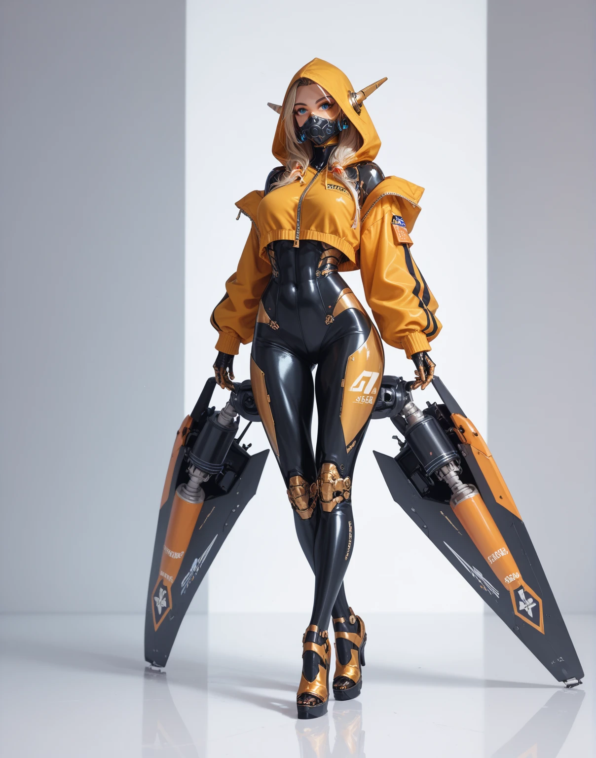 Realistic,Young girl, blonde, blue eyes, ((mechanical arms)),(((mechanical legs))), shorts, standing, full body, yellow jacket