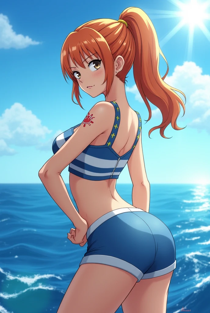 masterpiece, best quality,8k wallpaper, pov from above, kousaka honoka, blue eyes,(large breasts:1.0),(most beautiful yellow micro bikini:1.2) , (exposed ass cheeks:1.2),glowing eyes, cowboy shot, sexy, ass, sexy pose, standing,showing her ass, embarrassed, blushing, beach,solo, from behind