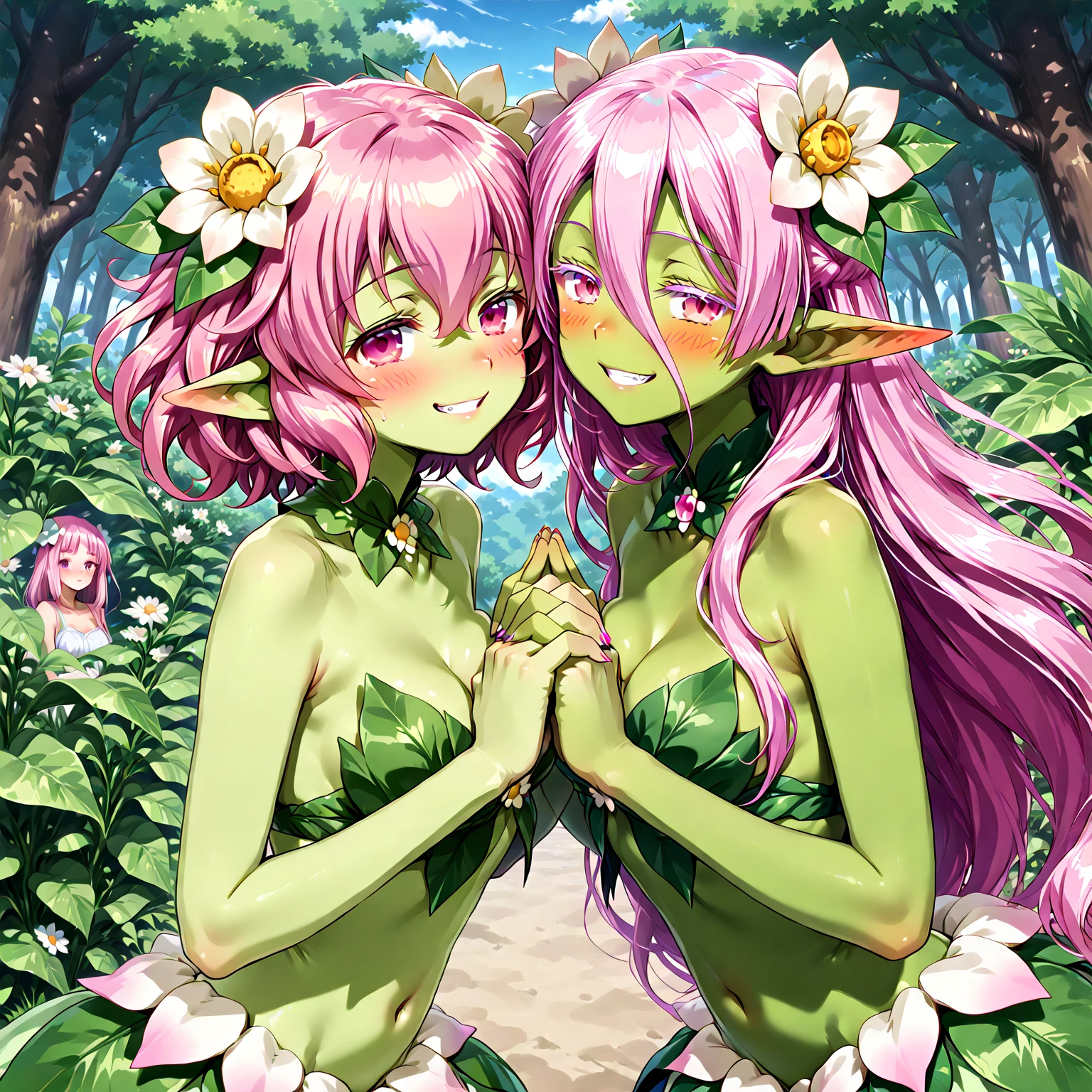 2 girls in, plant girl, green colored skin, Wetty, honey, a plant, mano, fronds, roses, masterpiece, top-quality,fullnude,Long pink hair",Colossal tits,red eyes,/(substance/)