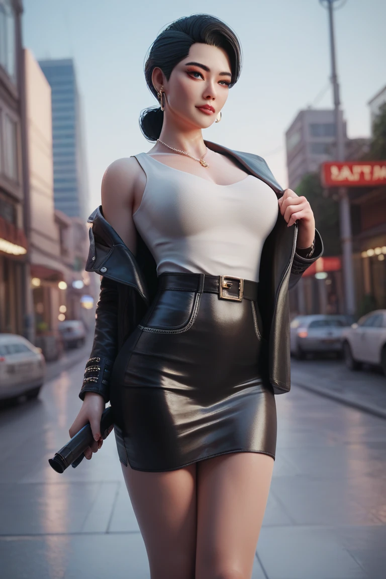 big voluptuous, big butt, angry face, green eyes, black short hair, short green skirt, short white shirt, against wall, gothic female