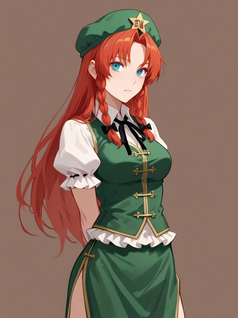 hong meiling, 1girl, solo, long haor, red hair, braids, blue eyes, big breasts, muscular body, white shirt, puffy sleeves, short sleeves, green vest, black ribbon, green skirt, gold trim, green beret, green hat, gold star, (cowboy shot), (simple dark background)