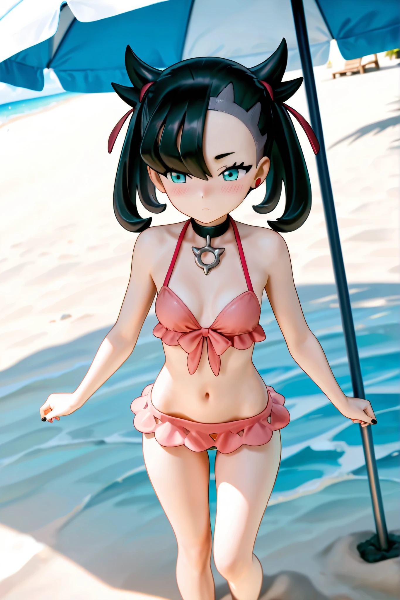 ikki,,1girl, solo short, young,tiny skimpy bikini, medium tits, simple background,nsfw, smile, blush, black eyes, white sclera