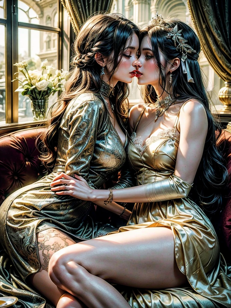 an undead girl and a werewolf in a romantic attitude as they are about to kiss, above them a demonic cupid