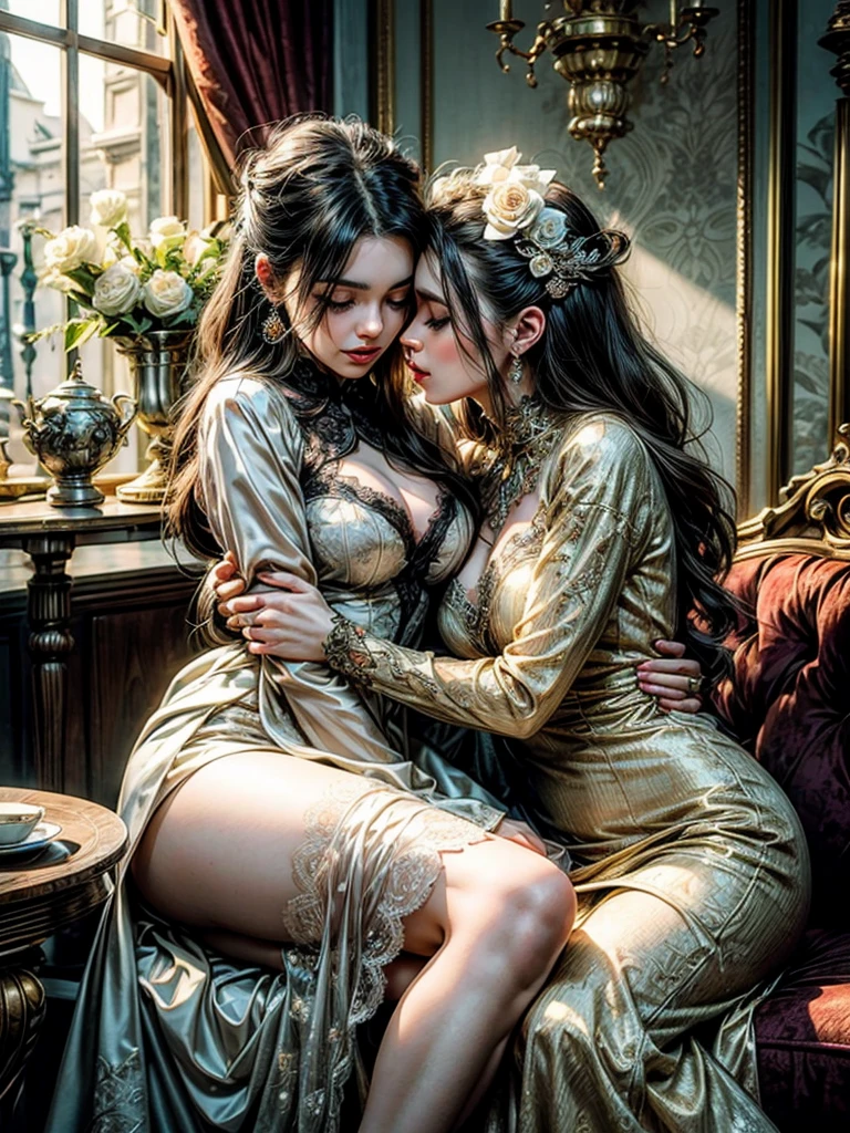 "(best quality, highres, ultra-detailed), Full body shot, 2 women in Victorian fashion passionately kissing and caressing between legs bringing to orgasm on a veranda, beautiful detailed eyes, beautiful detailed lips, long eyelashes, flowing satin gowns, intricate lace details, opulent jewelry, soft afternoon sunlight, blooming flowers, delicate porcelain tea set, antique furniture, vintage charm, intimate embrace."
sultry look, seductive,