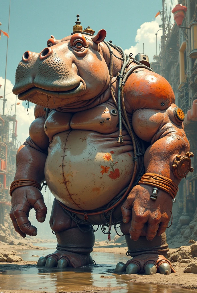 A big d&d Hippo Stream Punk Person With a Robot arm and a Steampunk shotgun