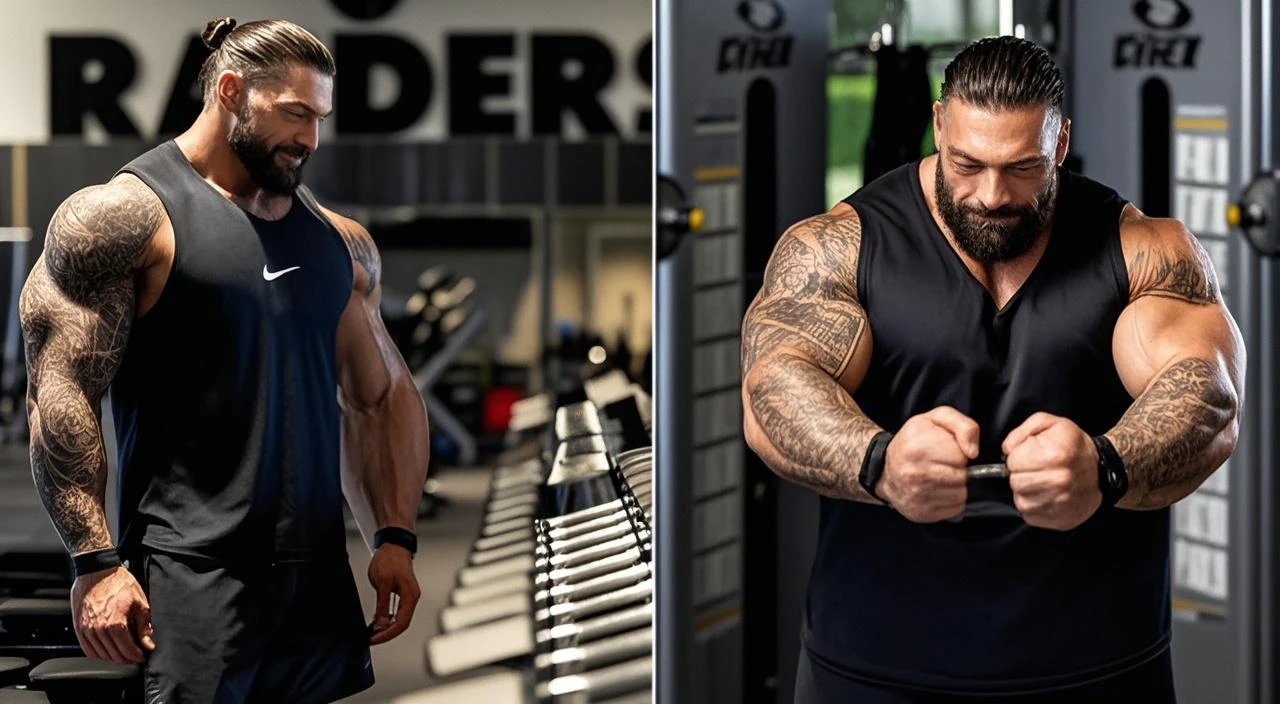 A standing bodybuilder showing his muscular and defined triceps after making a workout in a gym ambient