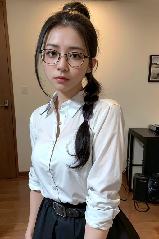 (1girl:1.3), Masterpiece, Best quality, amazing beauty, 4K, absurdres, finely detail, super detailed eye, perfect anatomy, official art, cinematic lighting, BREAK, bedroom, silky long hair, black hair, super shiny detailed brown eyes, Looking at Viewer(camera), closed-mouth smile, shy face, BREAK , big breasts, white skin, sitting bed in bedroom, BREAK , (Short-sleeved shirt:1.2), BREAK,()				