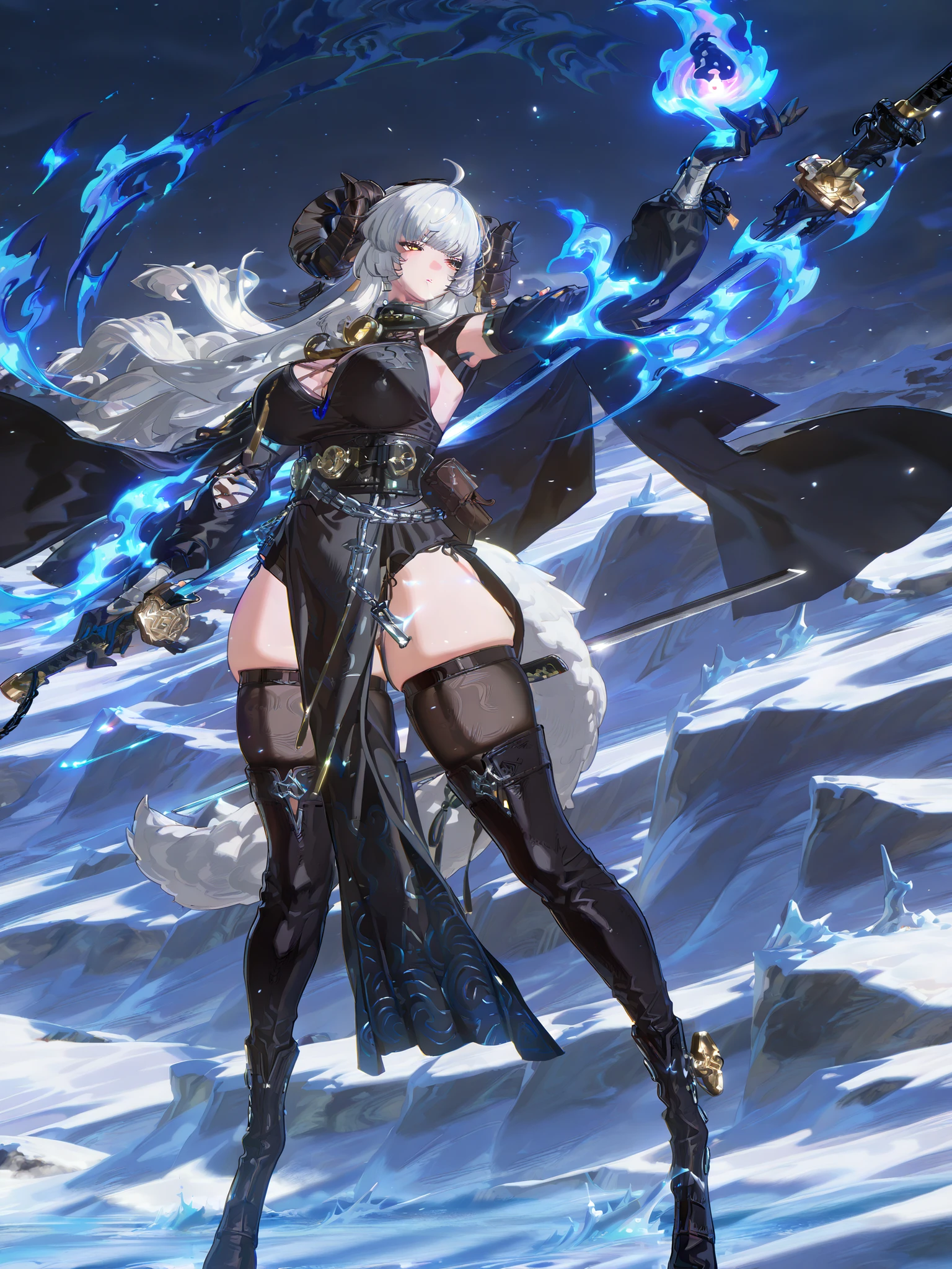 woman, sheep anthromorph, ram beast, white and black coat of cotton, blue talisman on her ram horns, snowy mountain, large breasts, fullbody, slean model body, long model legs, long black cape, cute pelvic curtain dress, chain belt on her waist, big wolf tail, holding a huge katana, black dress with waves patterns, black horns Magic blue flames on her horns and tail