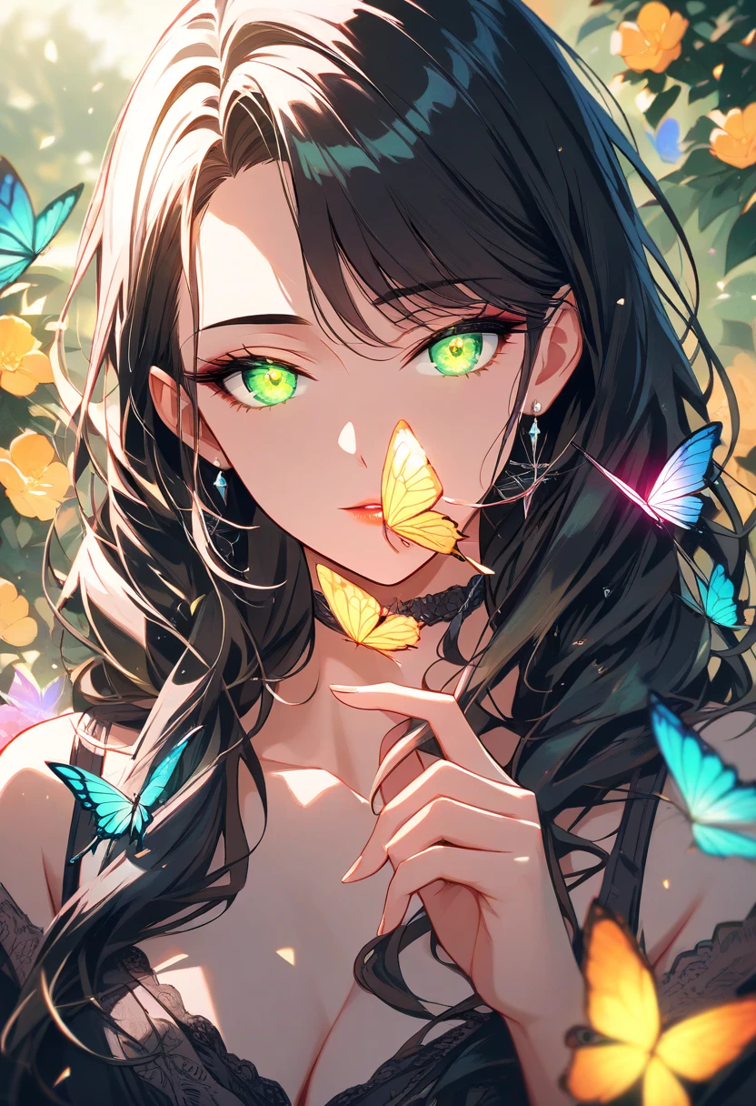 1 person、Mature、Ample breasts、Black Hair、Trimmed bangs、Long Hair、Emerald green eyes、self-healing、Earrings、Jewelry decoration、necklace、bracelet、Paint on the face、butterfly、No clothes、naked、Nipples、Embarrassing、night、Sweat、blush、Look to the side、Nipplesを摘む、硬いNipples、High resolution、Best quality
