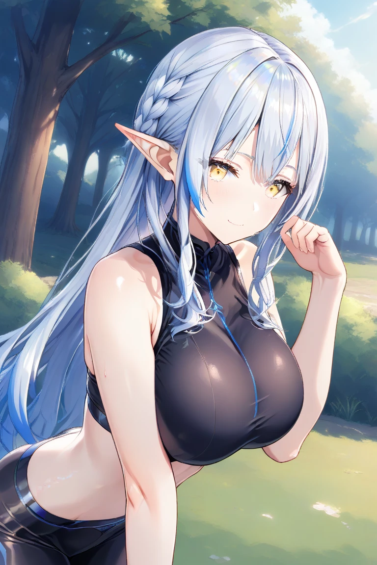 Asuna,wet, blonde hair, white crown braid, purple ribbons in hair, white flower in hair, white lingerie, x hair ornament, purple eyes, long hair, medium breasts, fox ears, fox girl, 1girl, solo, 

(masterpiece:1.1), (best quality:1.1), (ultra-detailed:1.1), (illustration:1.1), medium breasts, lingerie, bra, panties, camel toe, lacy white lingerie, cleavage cutout, midriff, looking at viewer, cowboy shot, blushing