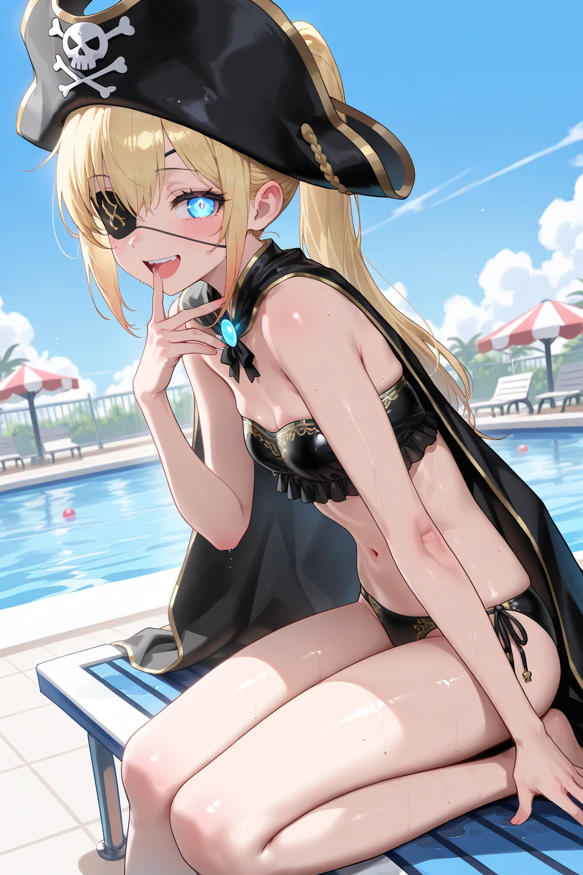 Striped Micro Bikini、(Brown skin)、(Blonde Shorthair)、(Wearing a straw hat)、年轻、Cute、a beauty girl、Perfect Style、Colossal tits、Emphasizes cleavage、A slight smil、8k、ighly detailed、top-quality、Top image quality、超A high resolution、masterpiece、(one girls)、swimming pools