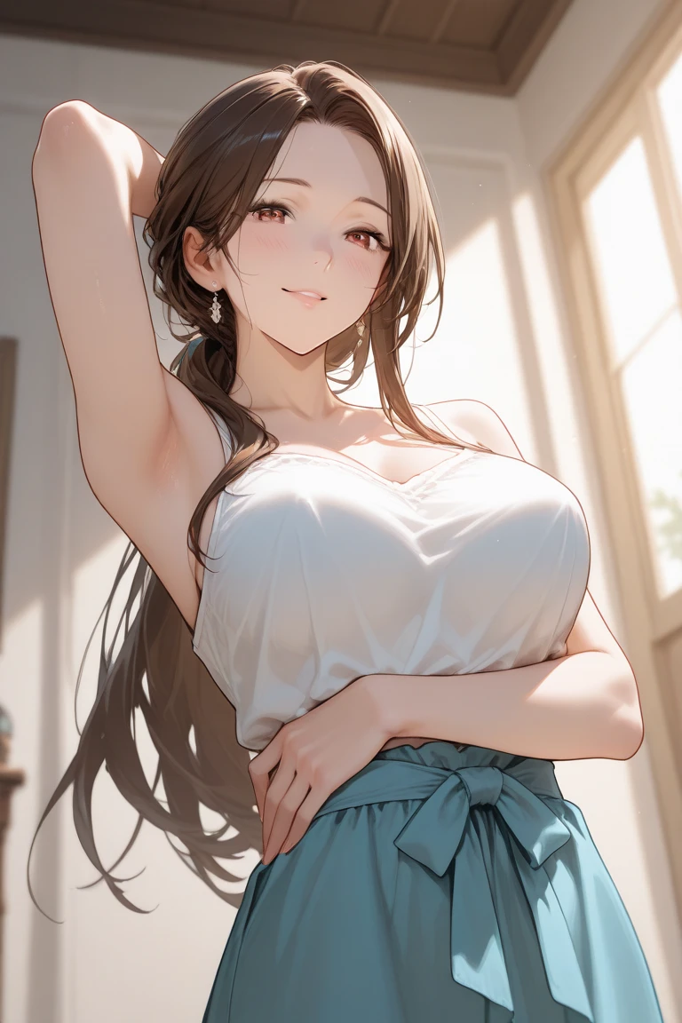 (Highest quality、Masterpiece、Very detailed、4K)、One Woman、smile、(Heattech)、Panties、Sweaty、shoulder、Beautiful armpits