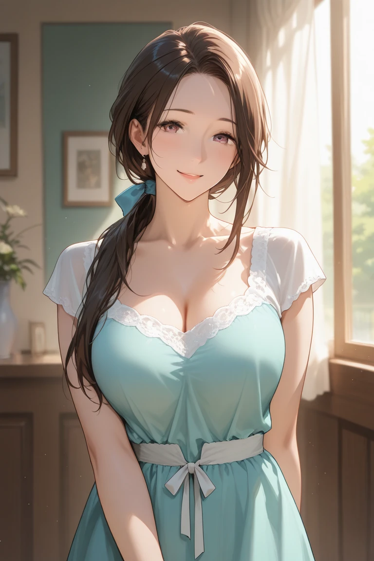 ((Tabletop, highest quality, High resolution, , Pixel Perfect, 4K,))), 1. Beautiful woman, private teacher、The whole body is visible、 ((Mid-wave hair, bangs, Brown Hair)), ((Brown eyes, Beautiful eyelashes, Realistic eyes)), ((Detailed face, Blushing:1.2)), ((Smooth texture:0.75, Realistic texture:0.65, Realistic:1.1, Anime CG Style)), Center of chest, Dynamic Angle, Perfect body, (( , ,  No bra、Frill apron, 、)), Cooking in the kitchen、、Very embarrassing panic smile, 、Leaning forward、The wind is blowing and my underwear is completely visible、place both hands on the table、、(White and pink floral lace panties)、Angle from below)、