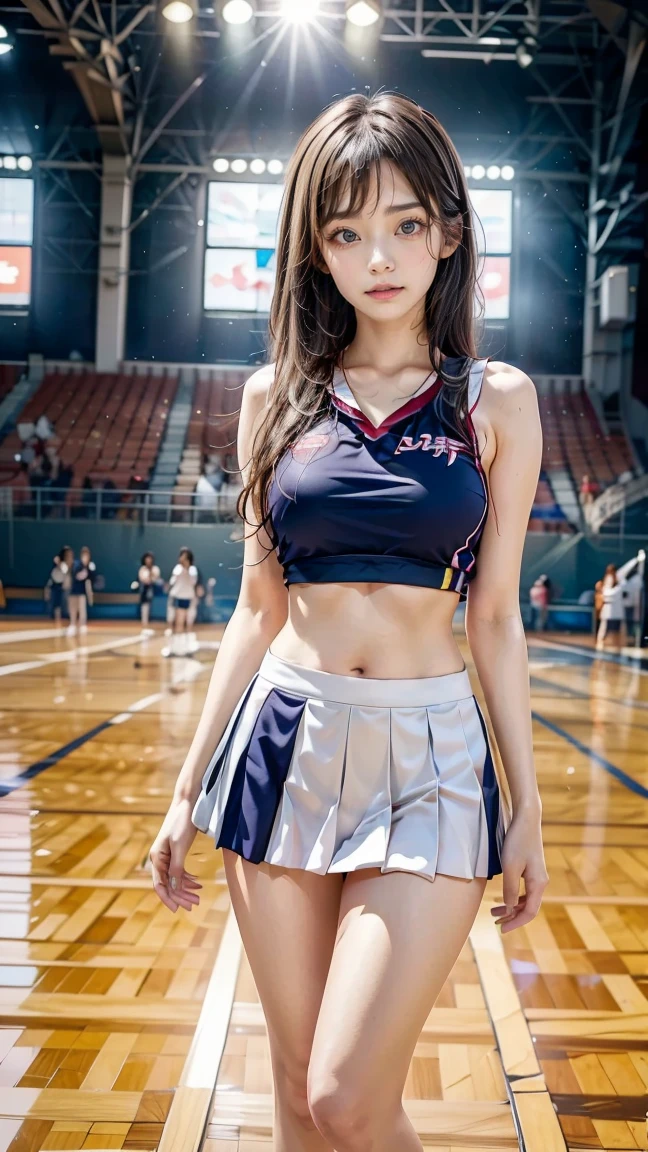 (realisitic、Photorealsitic:1.37)、(8K、Raw photography、top-quality、masterpiece:1.2)、((cheer girl:1.8))、(a miniskirt)、(a miniskirt)、Cheer Dance Club、Beautuful Women:1.6、22year old、Transparent skin、((Open your mouth a little))、sshoulder、cute little、ultra-detailliert、Heart-shaped pupil、physically-based renderingt、超A high resolution、bokeh dof、foco nítido、Photorealsitic、realisitic、独奏、Photorealsitic、top-quality、extra detailed face、extremely detailed eye and face、beatiful detailed eyes、haunting smile、hair messy、Floating hair、japanes、full body Esbian、Sexy navel、((Sexy cleavage emphasis))、Chest exposure、Sexy thighs、s ass、tall、lofty nose、leaping、low angles、tthin eyebrows、hitornfreckles、Latina、The background is the stadium、((soft boob))、Beautiful armpits、