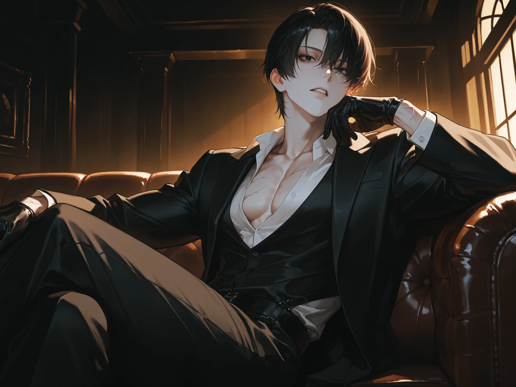 ((Masterpiece, Highest quality)), Detailed face, dramatic lighting, dark colors and atmosphere, full body, Full of details, frontal body view, back body view, Highly detailed, Depth, Many parts, Muscle boy with short black hair,handsome man, mercenary, man tall, pectoral muscles, abs