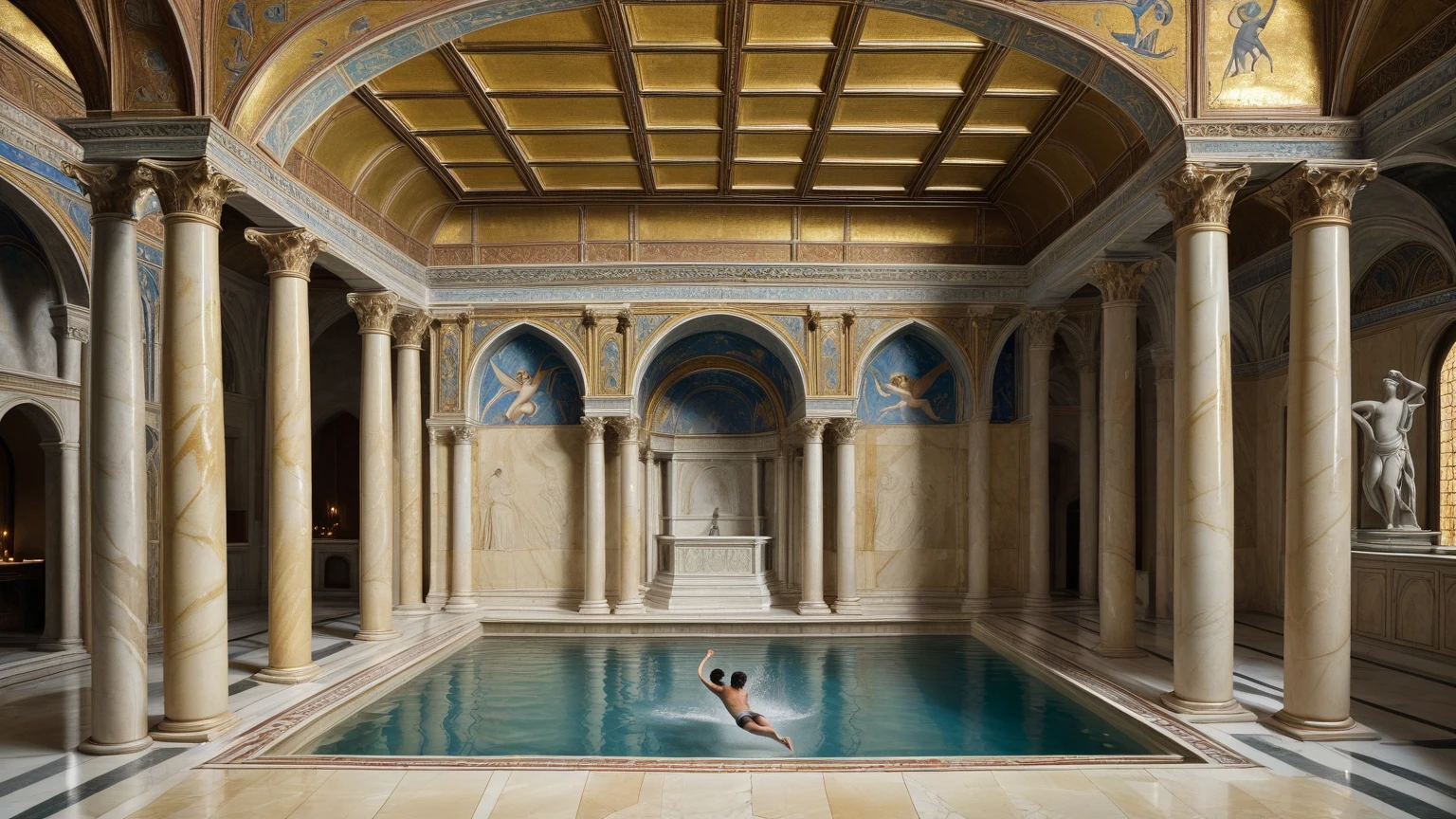 at night, dark, nighttime, interior, intricately detailed, ancient temple, (ruin), a gorgeous woman swims in a large pool of iridescent water, dusty, deserted, ancient, crumbling pillars, poorly lit, dynamic lighting, dark