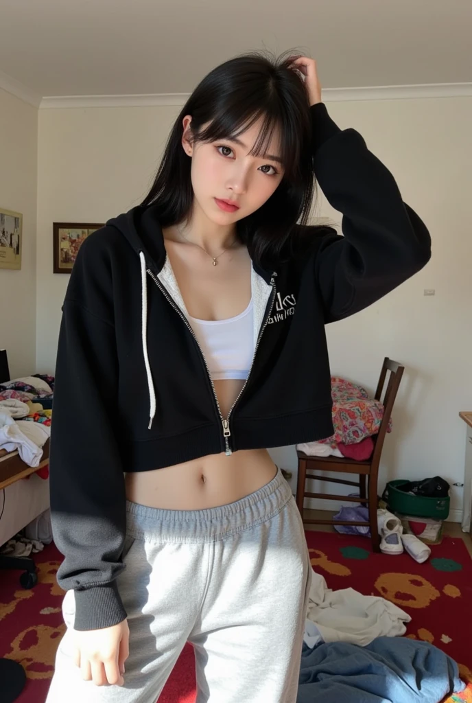 Raw photo, 1girl, standing, peace sign, skinny, pale skin, delicate face, freckles, tongue, choker, oversized hoody, wet crotch, medium breasts, small waist, wide thigh gap:1.2, best quality, 16k, masterpiece