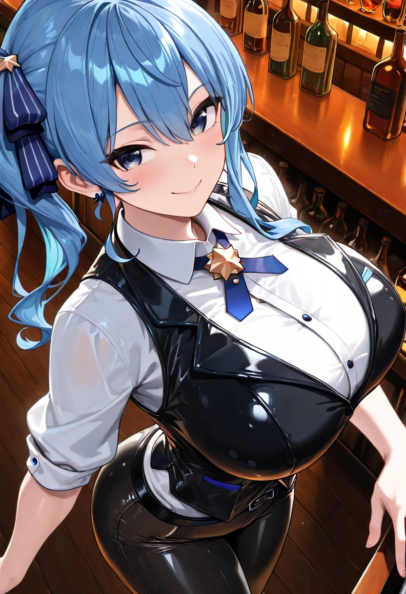 Score_9, Score_8_up, Score_7_up, ASCII masterpiece, source_anime, BREAK, 1girl, solo, mikuizayoi, miku izayoi, bangs, blunt bangs, hime cut, hair ornament, long hair, blue eyes, blue hair, blush, naughty face, big breasts, ((thin waist, wide hips, beautiful skin, beauty, extraordinarily beautiful woman, attractive woman, super sexy woman, lustful body, sexy with seductive and obscene body, sensual body, voluptuous body, )), obscene cleavage, bunny playboy, light blue leotard, detached collar, fishnet pantyhose, blue pantyhose, fake bunny, fake blue bunny ears, indoors, shiny clothing, shiny skin, bar, nightclub, fancy decorations, cowboy shot, from above, looking at viewer, hands behind back (detailed face, detailed eyes), delicate features, soft lighting, warm colors, pastel colors, seductive smile, cute and sexy, Show less