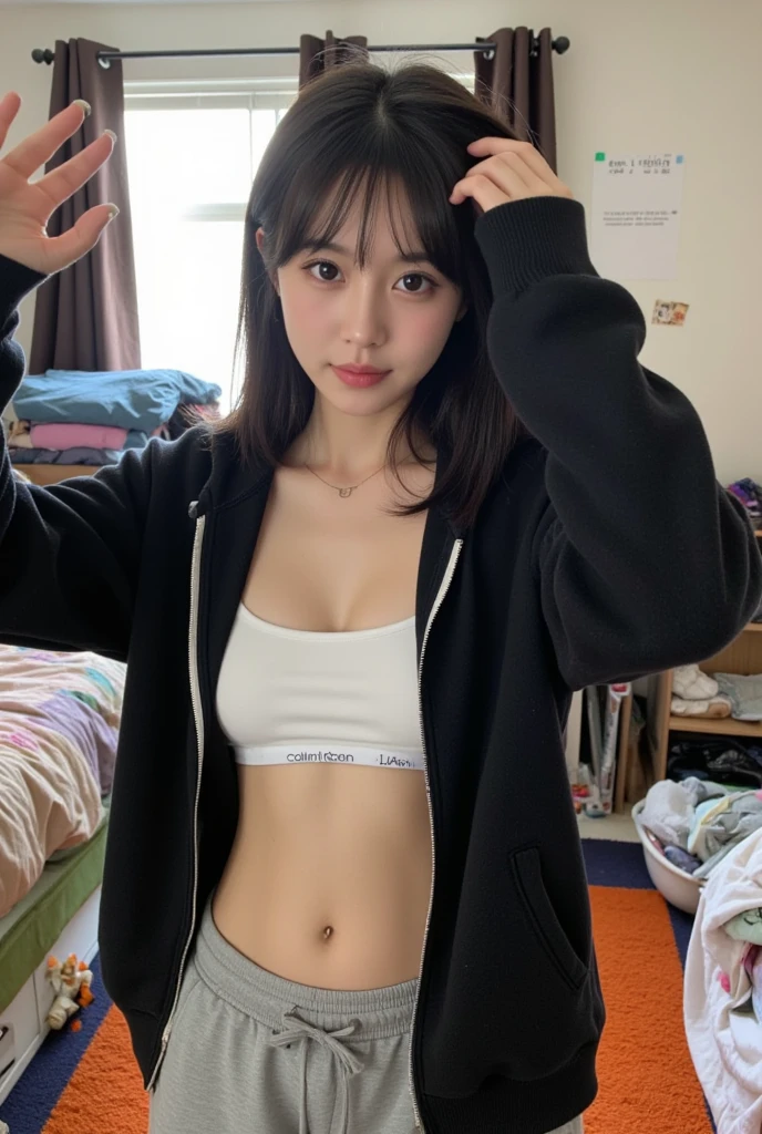 Squatting in a narrow room in a dormitory, as if taking a selfie, lightly covering the mouth with the other hand. Pink nipples and pink areolas are visible under the bra that is raised on only one side. Sorry for the oval face. 40-year-old Korean woman, small breasts, skinny body, random hair style, pale smile, mole on face. 4 random items, veins on the chest, slight abdominal muscles, wearing a navy zip-up hooded t-shirt, photographed from top to bottom, perfect hand shape details, pubic area exposed