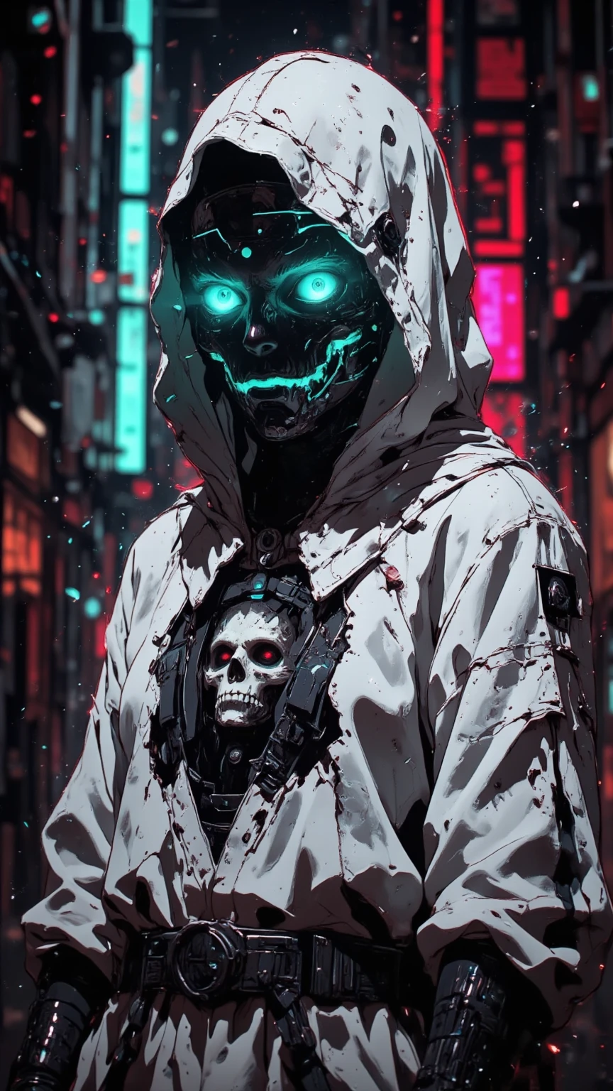 Solitary, 1 boy, permanent, Male focus, It rains in the city, hood, From the back, cloak, Skull wearing white Japanese mask, robe, , Glowing blue