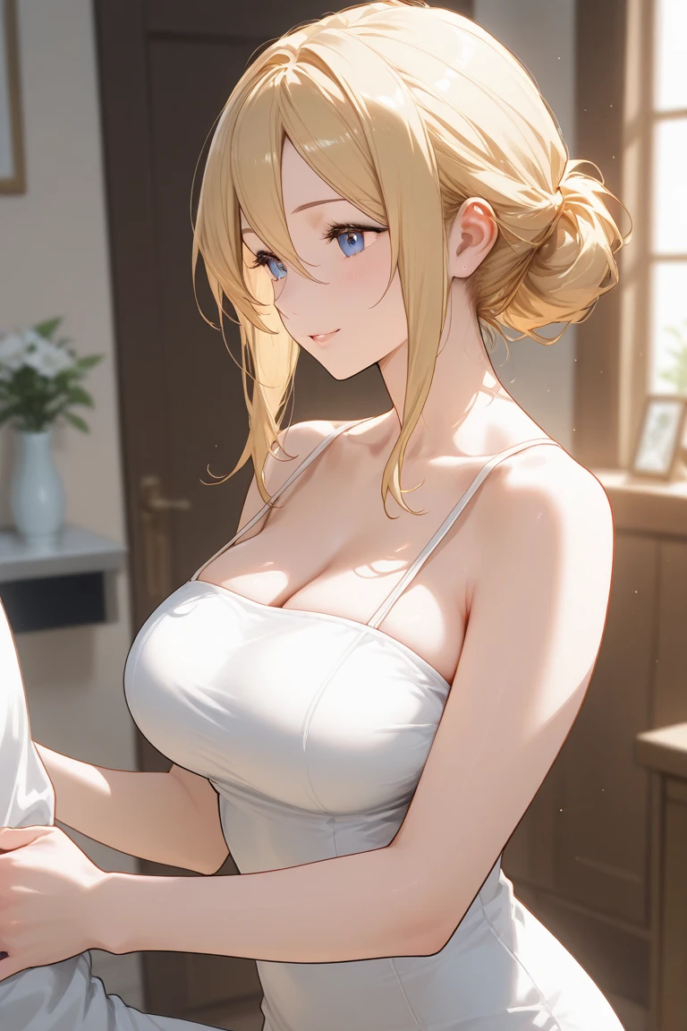 (masterpiece:1.2, best quality), (finely detailed beautiful eyes: 1.2), (extremely detailed CG unity 8k wallpaper, masterpiece, best quality, ultra-detailed), (masterpiece, best quality:1.2), 1girl, female solo, huge breasts, rounded breasts, shining breasts, perfect eyes, perfect face, perfect body, seductive, smile, looking at viewer, cleavage, phSaber, phAltoria, yellow hair, yellow lace lingerie, yellow lace bra, yellow lace panties, seductive, upper body, blush on face,
