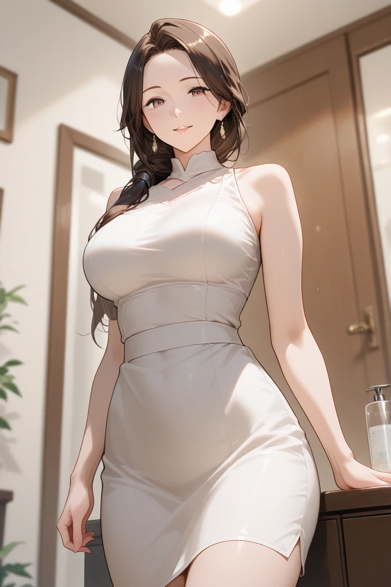 hight resolution、masterpiece、1girl in、Bjorf、A dark-haired、short hair with long locks、Kamimei、bending forward、Opening Mouth、Show your teeth and smile、Bring your face closer、Red Eyes、Wrap a fluffy towel around your body、Naked towel