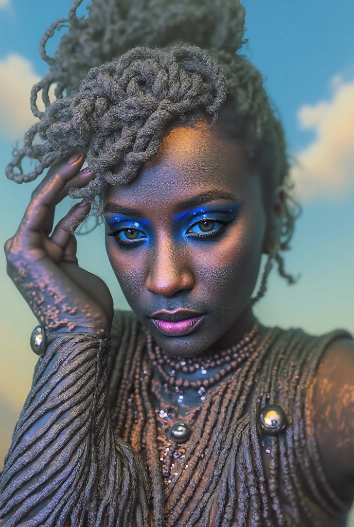african woman, young, naked, blue dreadlocks, septum piercing, dimples, thick belt around neck, naughty expression, blue shiny latex bodysuit, being groped by men, being touched by men, hands on woman's body, close-up, UHD, retina, masterpiece, accurate, anatomically correct, textured skin, super detail, high details, high quality, award winning, best quality, highres