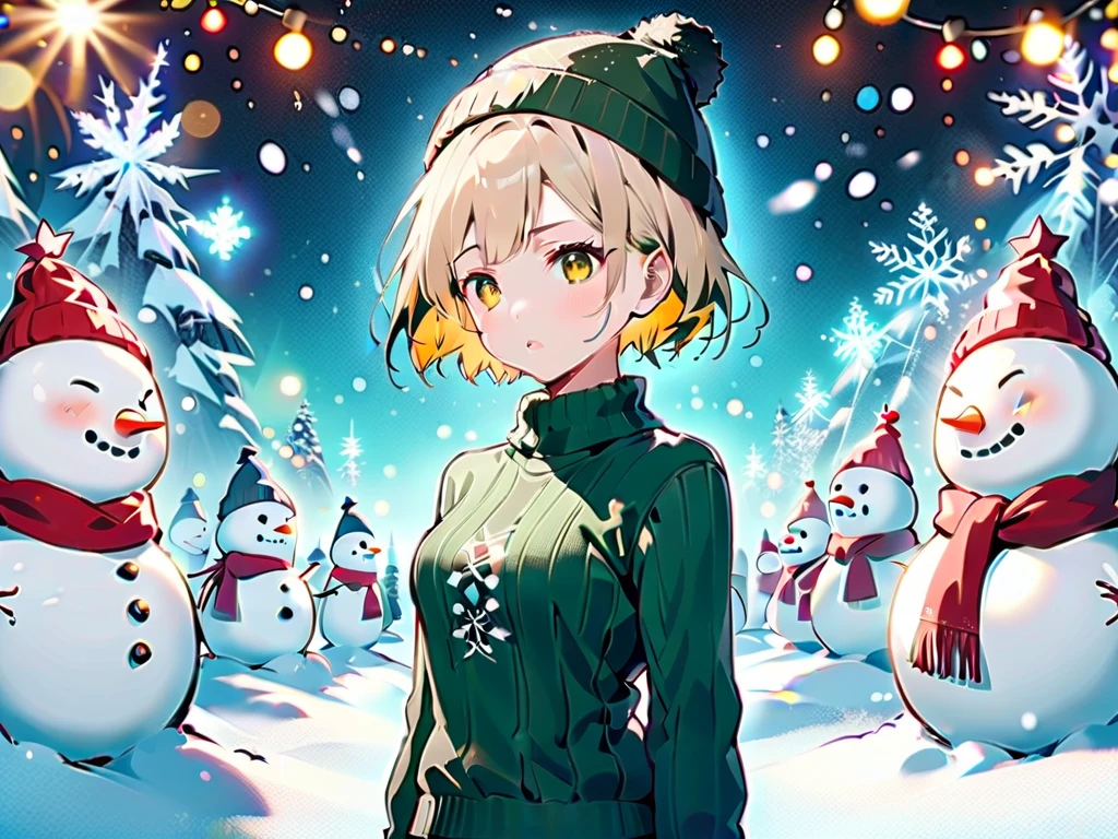 1 Anime girl, full-length, short white hair, green eyes, winter warm green jacket with a fur hood, cheeks rosy from the cold, snowflakes, warm mittens, warm boots, warm skirt, black thick tights, snowy city park in the background, snow-covered Christmas tree, sad beautiful face, sitting, thick thighs, juicy hips, rule of thirds, laconic arrangement in the frame