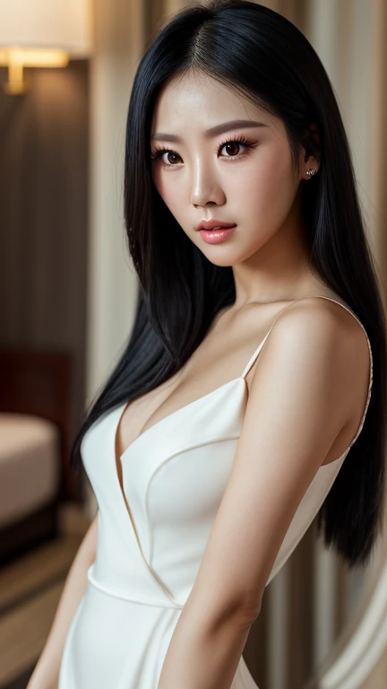 , (Mature body), Solitary,Long gray hair,black hair color, Off-shoulder, black eyes,1 Sister,A sexy pose,best quality,masterpiece,light,Extremely exquisite and beautiful,CG,Unite,8k wallpaper,Astonishing,detailed,masterpiece,Official Art,The content is very detailed Cg Unite 8k wallpaper,Extremely ridiculous,Huge file size,ultra - detailed,high resolution,The content is very detailed,Beautiful and delicate girl,Practical,full,Hotel Room,Light Contrast, Lopez, fully body photo, full, White under underwear