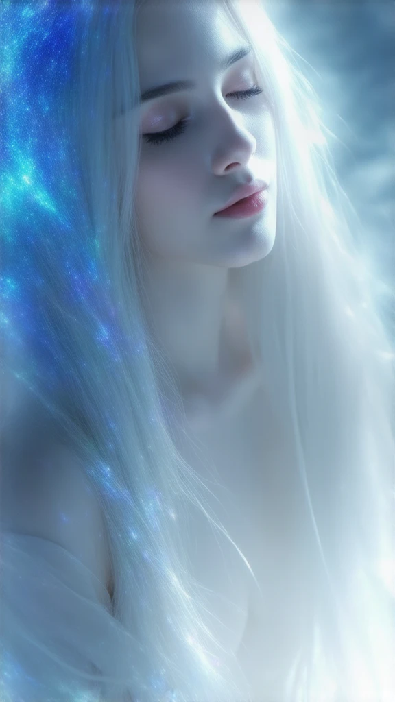 translucent women in biomechanical body, liquid cooling, intricate circuits, beautiful, elegant, white gradient with white smoke, stunning, render, hyper realistic, octane render