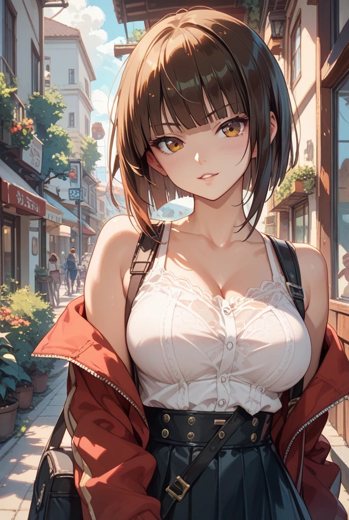 (In underwear), (ultra hd: 1.2), 8K resolution、Highly detailed face and skin texture, very big breasts、、perfect body shape、Medium of brown hair、very big breasts、touch your chest with your hand、face turns red、casual shirt、black baseball cap、open your mouth、alley、cleavage、play sports often