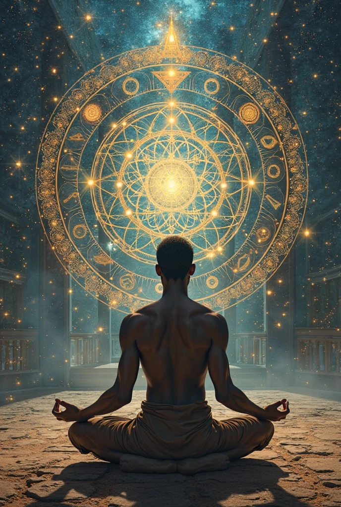 1 man in a meditation pose,yoga,horoscope,runes in m c r format,3 moons,astral connection,ultra-detailed,(realistic,photorealistic,photo-realistic:1.37),(best quality,4k,8k,highres,masterpiece:1.2),ultra-fine painting,physically-based rendering,extreme detail description,professional,vivid colors,studio lighting