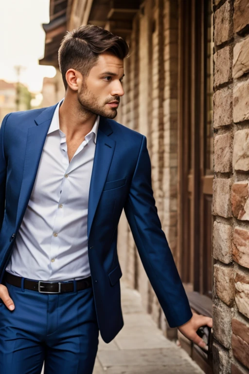 photorealistic movie star portrait in a modest setting. Male, short hair, unshaved, smart looking.