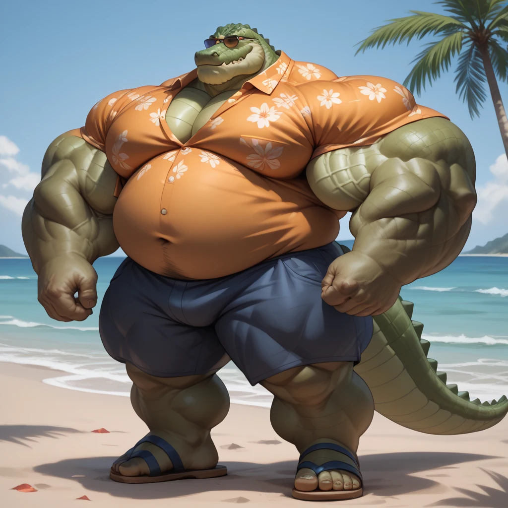 Big buff green cartoon crocodile with a ginormously oversized inflated beige stomach, high green, red eyes, big bellybutton, green back, lifeguard tank top overhanging on top of his huge stomach, green necklace with dragon tooth, concerned look on his face, high pink blushing, spiky red mohawk hairline, red arm necklace, huge ginormous muscular build with nipples, body hair across his chest and oversized stomach, water dribbling from his muscular body, red lifeguard shorts, sandals, standing on a beach resort in a ready to fart position and farting out a huge enormous light green toxic gas cloud coming out of his tailhole behind him leaving a putrid smell