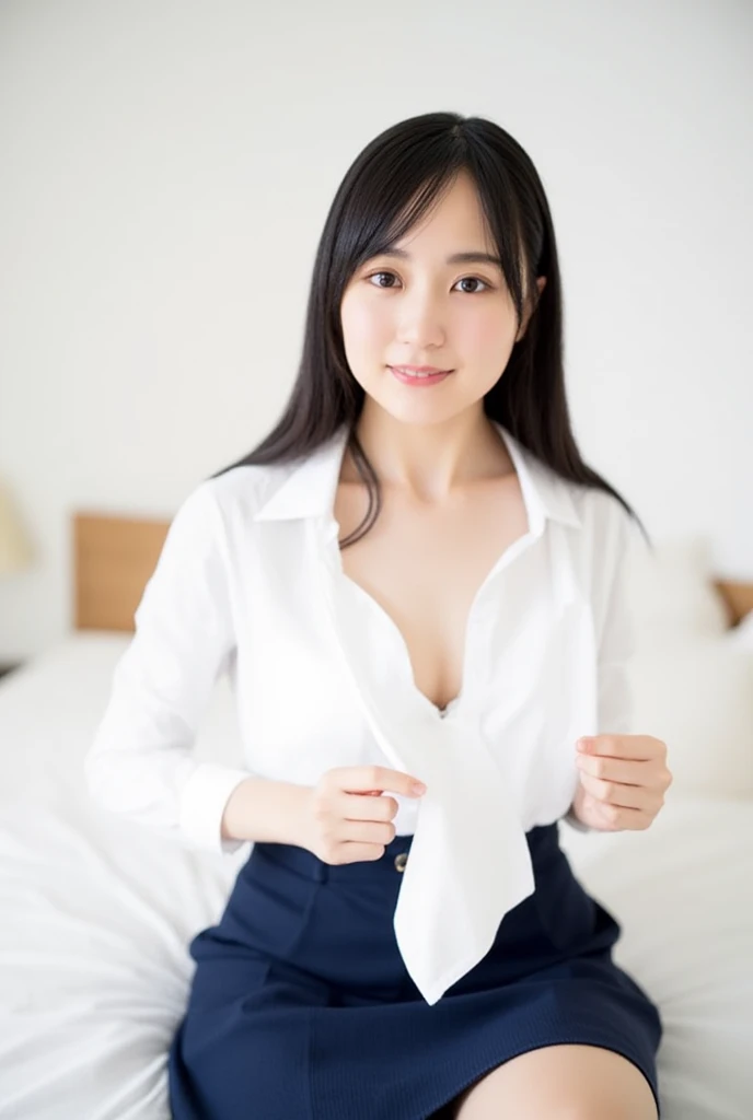 leaning forward:1,bent over,Inside a suit shop,(The skin is wet from sweat),Wearing a shirt:1.2,Suits lined up,(Put your hands forward),looking at the camera,Cleavage,A big smile,Skirt Lift、Lift your skirt with your hands,woman, 20-year-old, Short Hair、bangs、(Plain suit skirt),(White lace panties)、Cute earrings