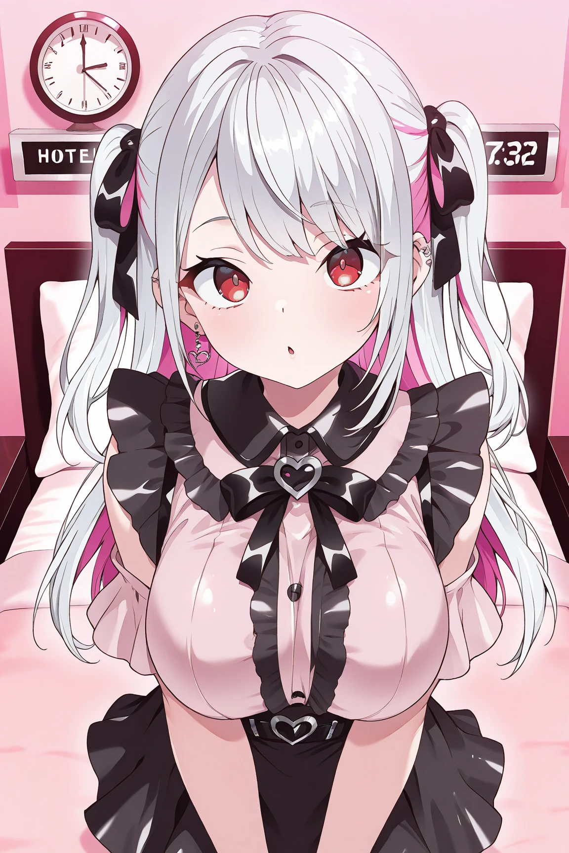 nsfw, 1boy, faceless male, large penis, 1girl, , long two side up, naughty face, half closed eyes, blush, red eyeshadow, tongue out, medium breasts, nipples, pussy, woman on top, pink frill blouse, black suspenders mini skirt, double pink ribbon, {{{{{bukkake, cum on head, cum on clothes}}}}}, on bed, cowboy shot, from below, {{{best quality, very aesthetic, ultra-detailed}}}, extremely detailed, perfect anatomy, {{{game cg}}}, interspecies, beautiful detailed, vector trace, 8k, insanely detailed and intricate,