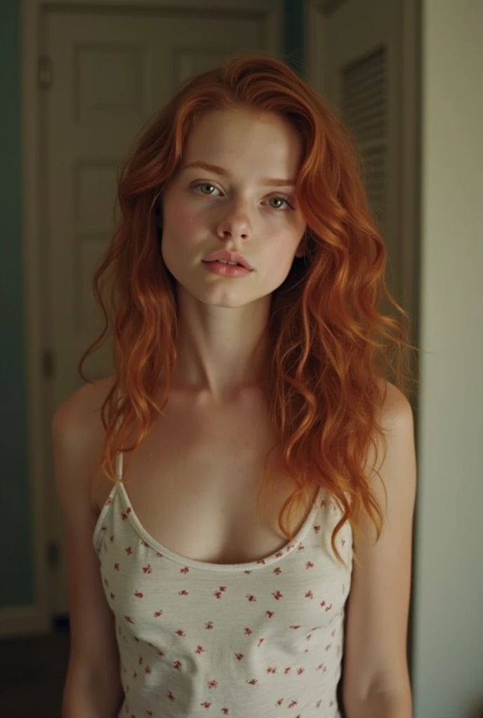 ((( naked:0.9)))) (((by Stefanie Scott:0.8))) ((( face de Emma Watson:0.9))), Selfie, 1 girl in, 19yearsold, standing alone, aesthetic art, irish redhead, wavy red hair, shoulder length red hair, (grey-eyed), light gray eyes, some small freckles, pale skin, A glass, breasts small, runner's body, Detailed texture skin, (extremely detailed 8k wallpaper), soft lighting, high qualiy, film grain, Sharp focus Fujifilm XT3, f5.6, 50mm, high détail, sharp focus,(naturallight), (nakwd), sports well, (naked), crazy details, complexdetails, hyper detailled