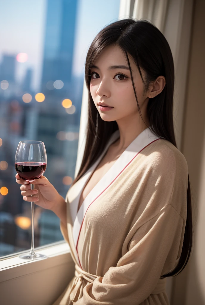 (Realisticity: 1.3), Fine, Quality, Rembrandt Lighting, (Masterpiece: 1.2), (Realisticity: 1.2), (Best Quality), (Skin Detail: 1.3), (Intricate Detail), Dramatic, Ray Tracing, 1girl, Chinese Girl, Brunet, 21 years old, medium breasts, single eyelids, small eyes, white skirt (background meadow, sunset, sun, clouds, Eiffel Tower, five red balloons) next to red wine and wine glasses.