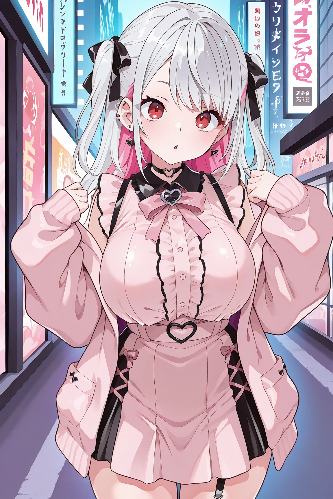 (​masterpiece、top-quality、ultra-detailliert)、((1 girl))、((Pink hair twin tails))、light blue  eyes、evilsmile、piercings、((very Bigger breasts))、jirai fashion、pink clothing、frilld、a black ribbon、Black miniskirt、cowboy  shot、Downtown background at night
