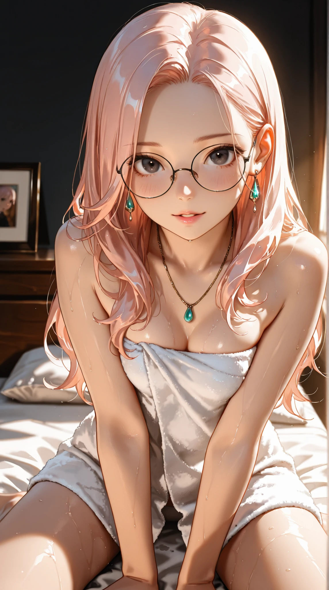 chiquita, Sweet pink hair, Innocent eyes, High ponytail, round frame glasses, Two-dimensional painting style, Rich texture, highlight and shadow, Long hair, White stockings。，tmasterpiece，HighestQuali，Lie down in bed，White sheets，is shy