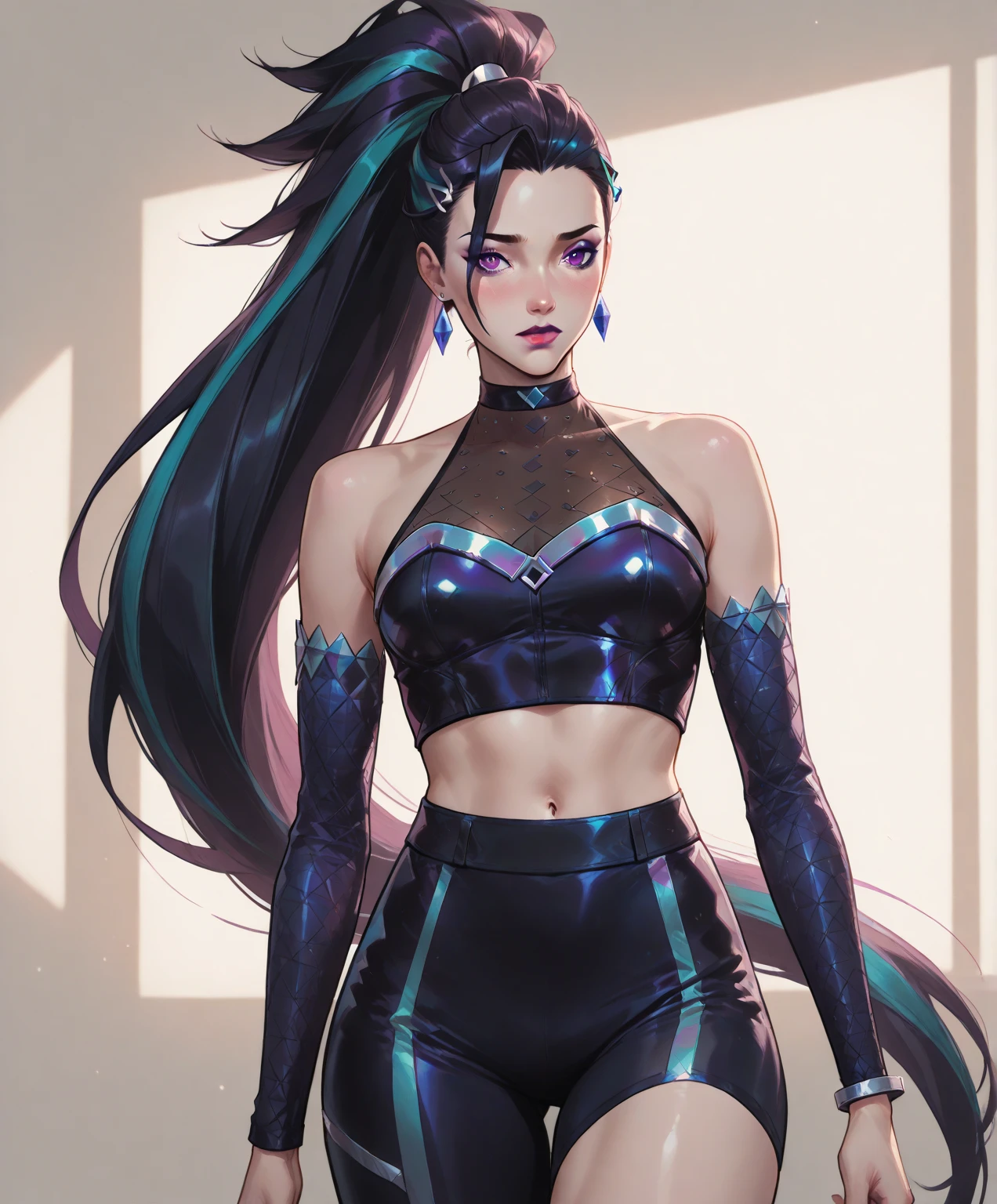 (masterpiece, best quality), intricate details,
1girl, <lora:kda_kaisa:0.8> kda_kaisa,
sweating, boob sweat, sweat on midriff, small breasts, blacklight,