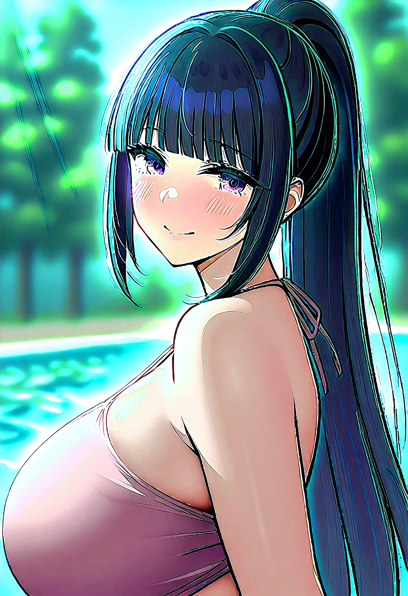 Illustration im Anime-Stil, Character Hinata Hyuuga from Naruto sunbathing , 3:4 Aspect ratio, (relaxing:1.2), Pool-Sene, 8k resolution, (bright colours), (sun-drenched charm), (captivating expression), ((huge breasts)),vagina visible,urine squirts out of vagina,Breasts naked ,legs split,yellow urine