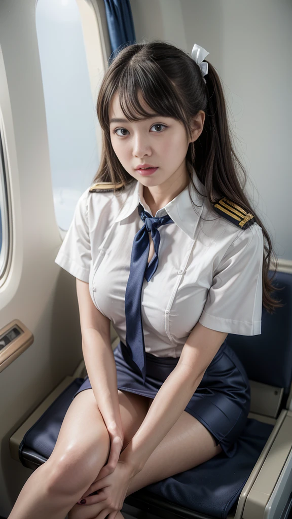 (8k, highest quality, masterpiece: 1.2), (Realistic, Realistic: 1.2),　Beautiful Japanese 20 year old woman, Tight waist, Thin thighs, detailed: (非常にdetailedな: 1.3), ((Navy blue stewardess costume)), Updo short hair, ((Wearing a mini skirt)), Slim and perfect style. (High resolution: 1.1), Airplane Passenger Passenger Passenger, (((Slim thighs))), Perfect beauty, 
