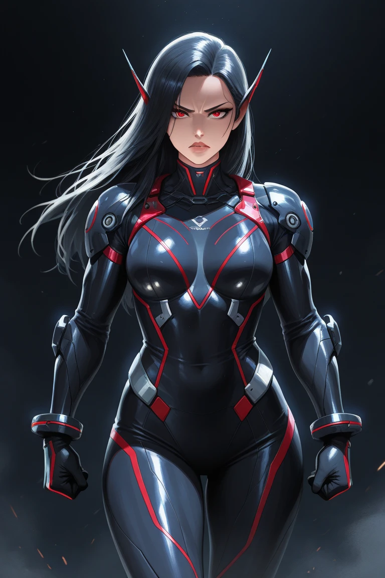 ((Best quality)), ((masterpiece)), (detailed: 1.4), (Absurd), Fighter pilot black woman afro ready for war, dark skin, flash dc comics, lightning and lightning, sculptural body defined muscle, (((full body)))), half thick naked thighs, closed mouth, muscular body covered by technological clothing, Neon Genesis Evangelion style, cyberpunk, generous neckline, ((perfect medium breasts)), (black eyes without pupils), ((totally red and green clothing with white rays)), (((long straight black hair with heavy bangs on the forehead)))), long and black eyelashes heavy makeup, garter belt, by mucha, niji --V5, close to real, psychopath, crazy face, sexy pose, red and white background, 2 pieces clothing, pastel, centered, scale to fit the dimensions, HDR (High Dynamic Range), Ray Tracing,NVIDIA RTX,Super-Resolution,Unreal 5,Subsurface Dispersion, PBR Texture, Post-processing, Anisotropic Filtering, Depth of Field, Maximum Clarity and Sharpness, Multilayer Textures, Albedo and Specular Maps, Surface Shading, Accurate Simulation of Light-Material Interaction, Perfect Proportions, Octane Render, Two-Tone Lighting, Wide Aperture, Low ISO, White Balance, Rule of Thirds, 8K RAW, Crysisnanosuit