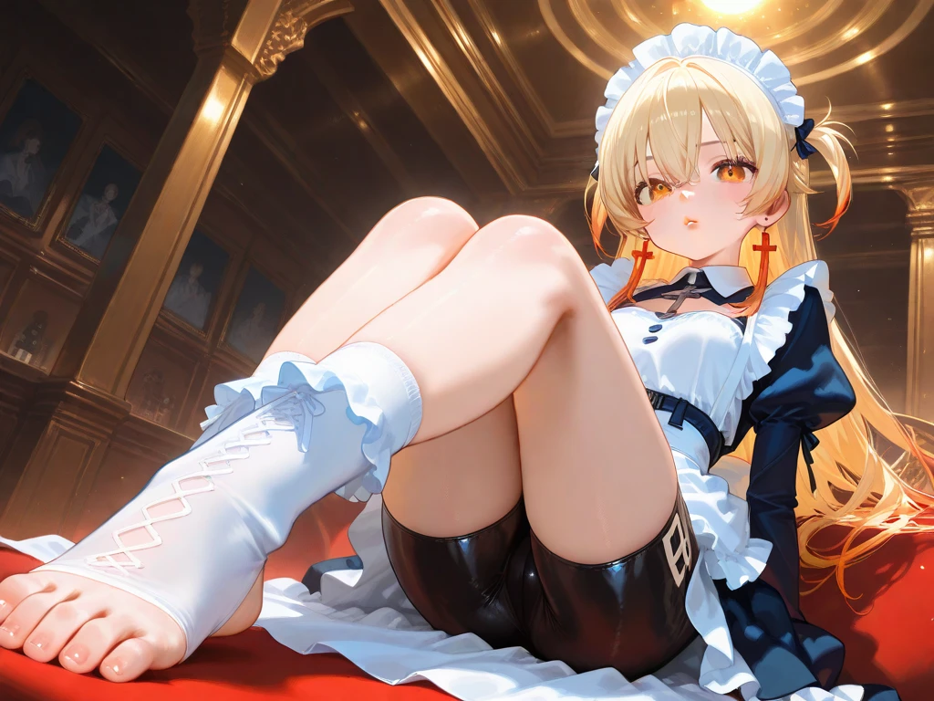 (footjob), Masterpiece、Highest quality、Highest quality, (long and thin legs, shoes:1.2), Arm behind wrist, squat、Spread your legs、1 girl, (smile、Open your mouth大笑い:1.2), Cute eyes, (Detailed face:1.3)、Open your mouth, The whole face turns red, alone, Big and ample breasts, (Straight bangs, bowl cut), White maid outfit、Side bust、Underbust、belly button、Walking through the mansion'corridor、nsfw、shoes下