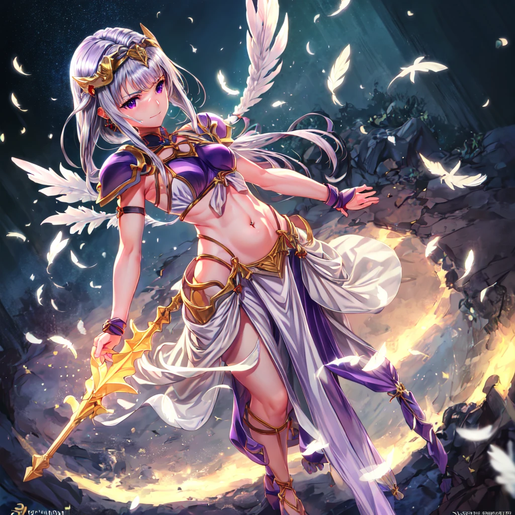 beautiful and delicate girl, clear and beautiful, Make your character the main point of view, glowing skin, female, 20 years old, Short hair, shortcut, Short hair, Beautiful and delicate glass hair, 칼을 휘두르는 female warrior 포즈, 크고 colorful swords, weapon, Attack moves to defeat enemies, full body pose, two handed sword, big knife, colorful swords ((greek costume, 2 Costume colors, white background, purple 패턴)) ((Clothes color White background, purple 패턴)) ((Double color, White, purple)) ((Use only two colors of clothing, White, purple))beautiful and delicate eyes, purple 눈, moderate chest, real skin texture, Very nice 8KCG wallpaper, Very cool 8K CG wallpaper, Watercolor (middle), female warrior, light orange hair, (((upper body cut))), (((Cat's ears dark purple))), (((dark, dark 밤, midnight))) (((nature background, mountain, wood))), ((outdoors)) Dynamic fighting stance with a sword, I can see my whole body, angle seen from a distance, Zoom out, 신foot, foot,