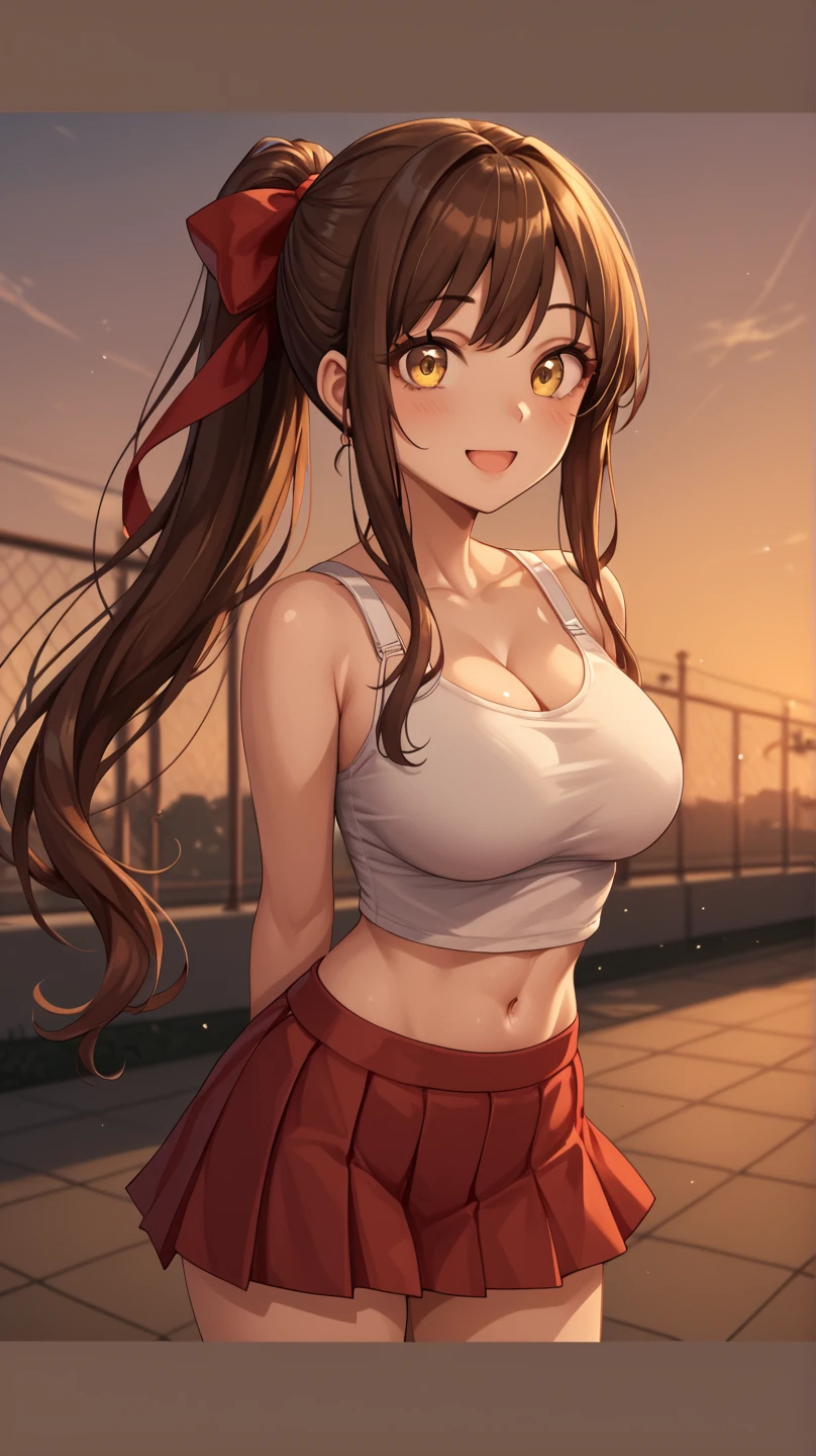 attractive korean woman, ripped muscle, muscular body, small breast, pale skin, smile(blush), sundress, cross pendant, sixpack abs, [ultra detailed skin:1.2], brown hair, messy hair, 8k uhd, full body, stand, crowd, public, night,