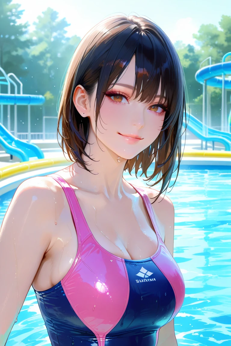 ((Highest quality、masterpiece、8K、Realistic、超High resolution、Very delicate and beautiful、High resolution、Cinema Lighting))、((Three Women:1.9))、((Mr.々Swimsuit:1.6、Each has their own unique hairstyle:1.4))、They all laugh happily、We have a good time together。In the background there is a clear blue sky and green trees々is spreading々i can see、The pool is filled with refreshing blue water.。