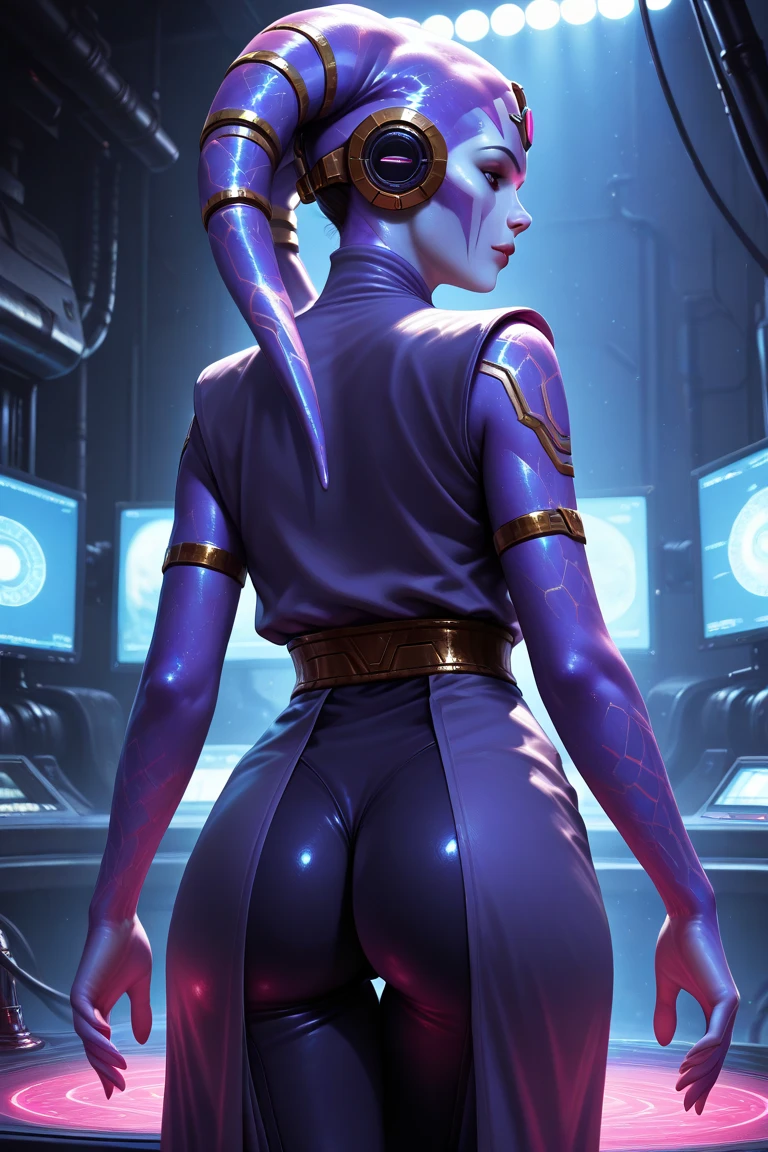 Tall, Red Skin Twi'lek with (naked, huge breasts), huge breasts, tall, graceful, (tall), slim hips, small waist, arched back, looking over her shoulder, back view, lithe, sinuous, sexy, backboob, sideboob